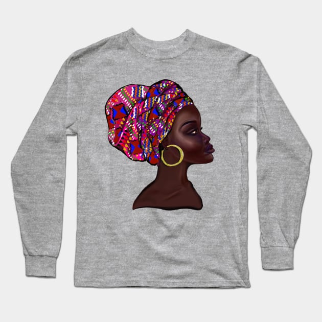 Afro queen With pink Kinte headwrap- Mahagony brown skin girl with thick glorious, curly Afro Hair and gold hoop earrings Long Sleeve T-Shirt by Artonmytee